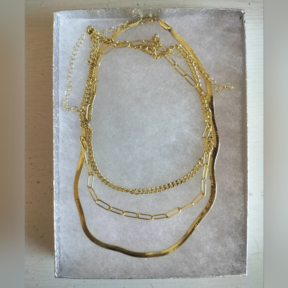 3 Gold-Tone Layered Necklace Set (Snake, Cuban, Paperclip Chains +Extenders)